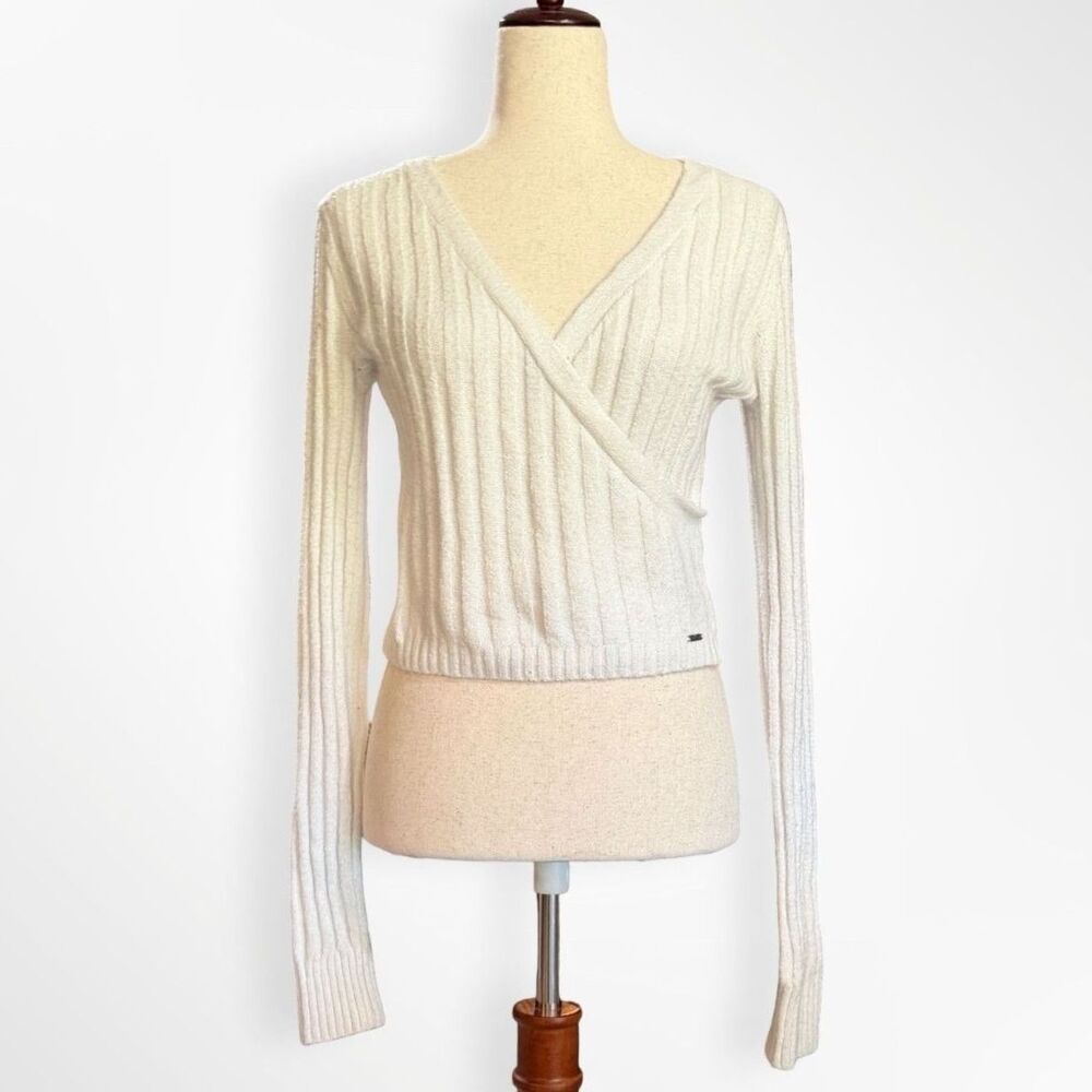 Hollister Co Faux Wrap Cropped Ribbed White Long Sleeve Sweater, S Balletcore